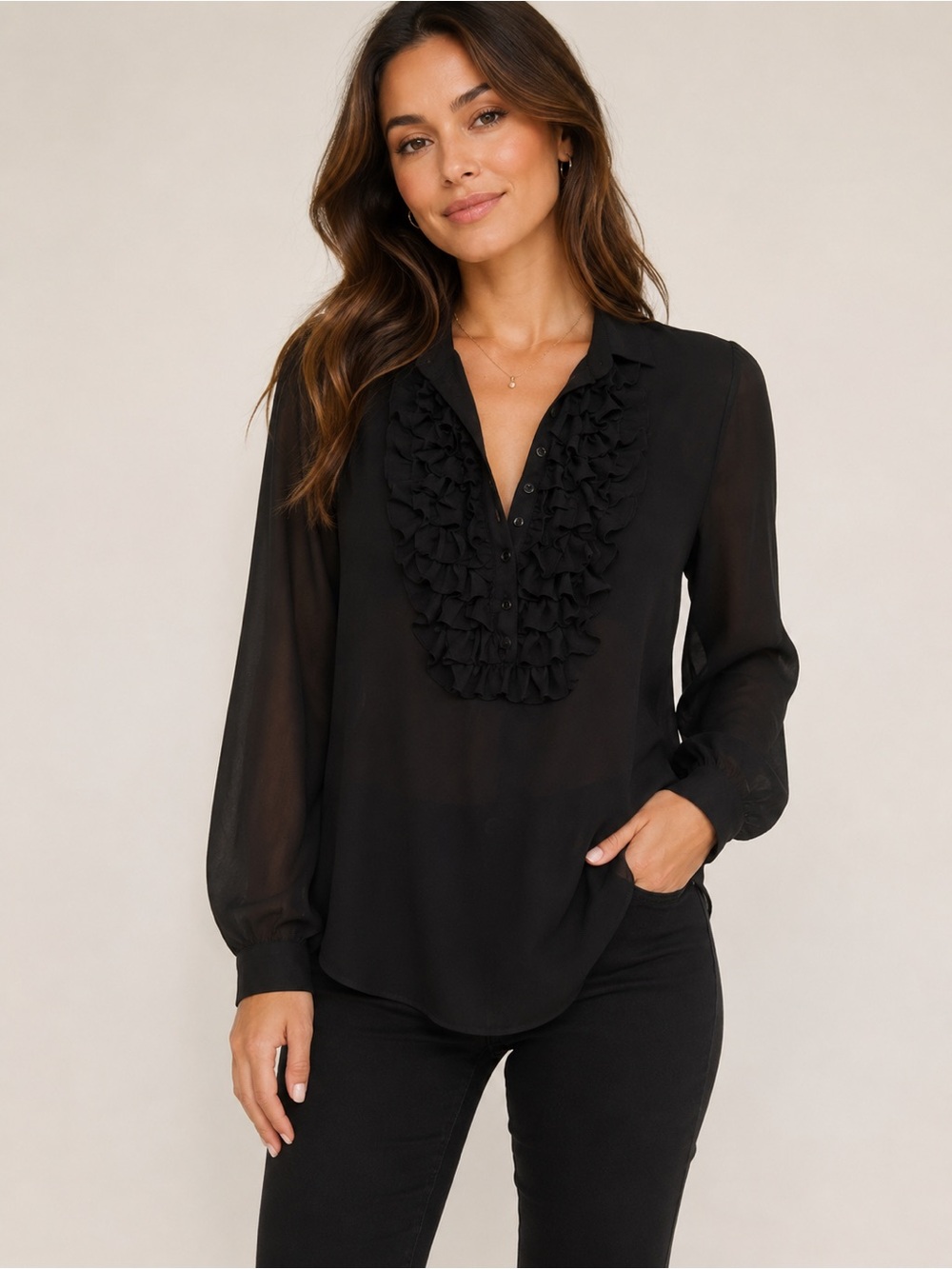 Free People Black Sheer Chiffon Ruffle Button Front Blouse Top Size Large